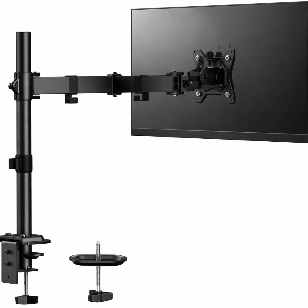 Suport monitor reglabil VGSOLID AC12 – Suportă ecrane de 17–32″, VESA 75×75 / 100×100, capacitate 0–9 kg, înclinare ±45°, rotație 360° – Montare pe birou, Negru
