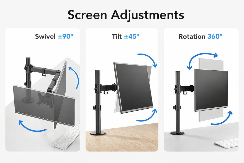 Suport monitor reglabil VGSOLID AC12 – Suportă ecrane de 17–32″, VESA 75×75 / 100×100, capacitate 0–9 kg, înclinare ±45°, rotație 360° – Montare pe birou, Negru