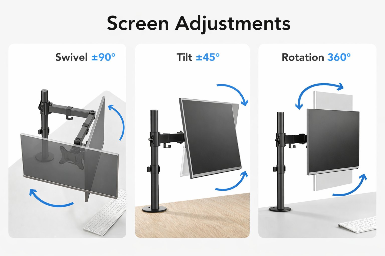 Suport monitor reglabil VGSOLID AC12 – Suportă ecrane de 17–32″, VESA 75×75 / 100×100, capacitate 0–9 kg, înclinare ±45°, rotație 360° – Montare pe birou, Negru