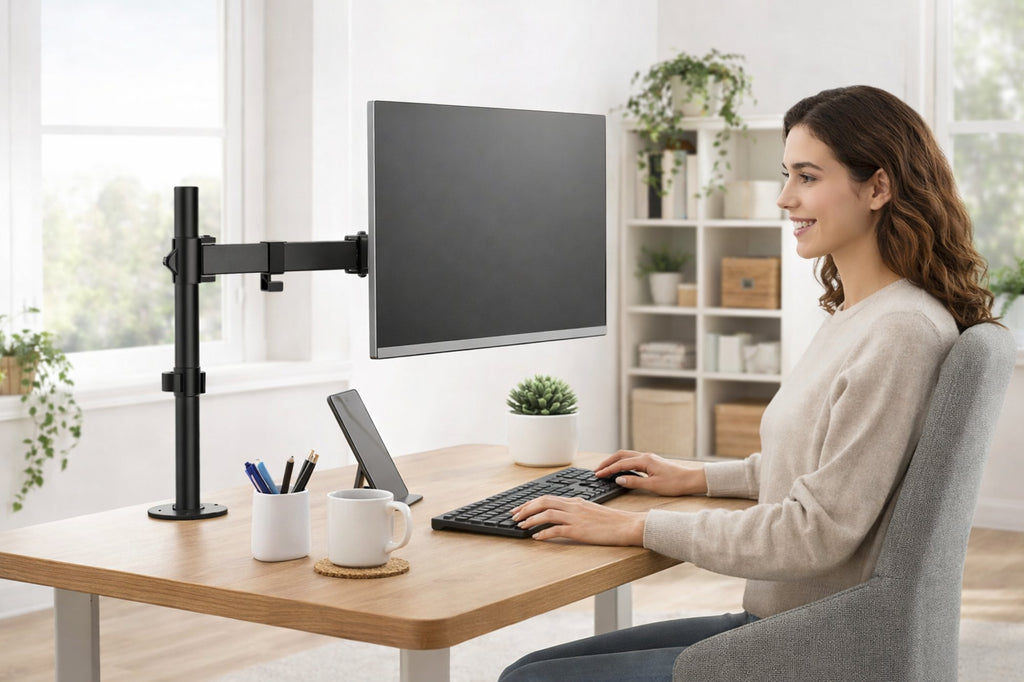 Suport monitor reglabil VGSOLID AC12 – Suportă ecrane de 17–32″, VESA 75×75 / 100×100, capacitate 0–9 kg, înclinare ±45°, rotație 360° – Montare pe birou, Negru