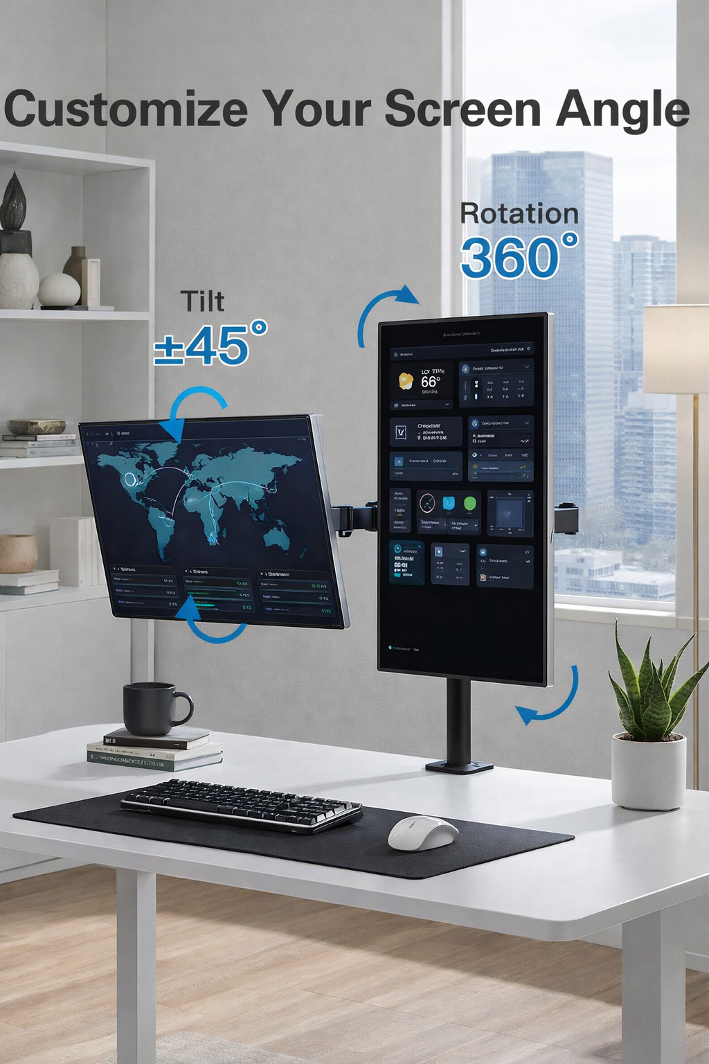 Suport de birou VGSOLID AC24 pentru două monitoare – 17″–32″, VESA 75×75/100×100, 0–9 kg, Înclinare ±45°, Rotire 360°