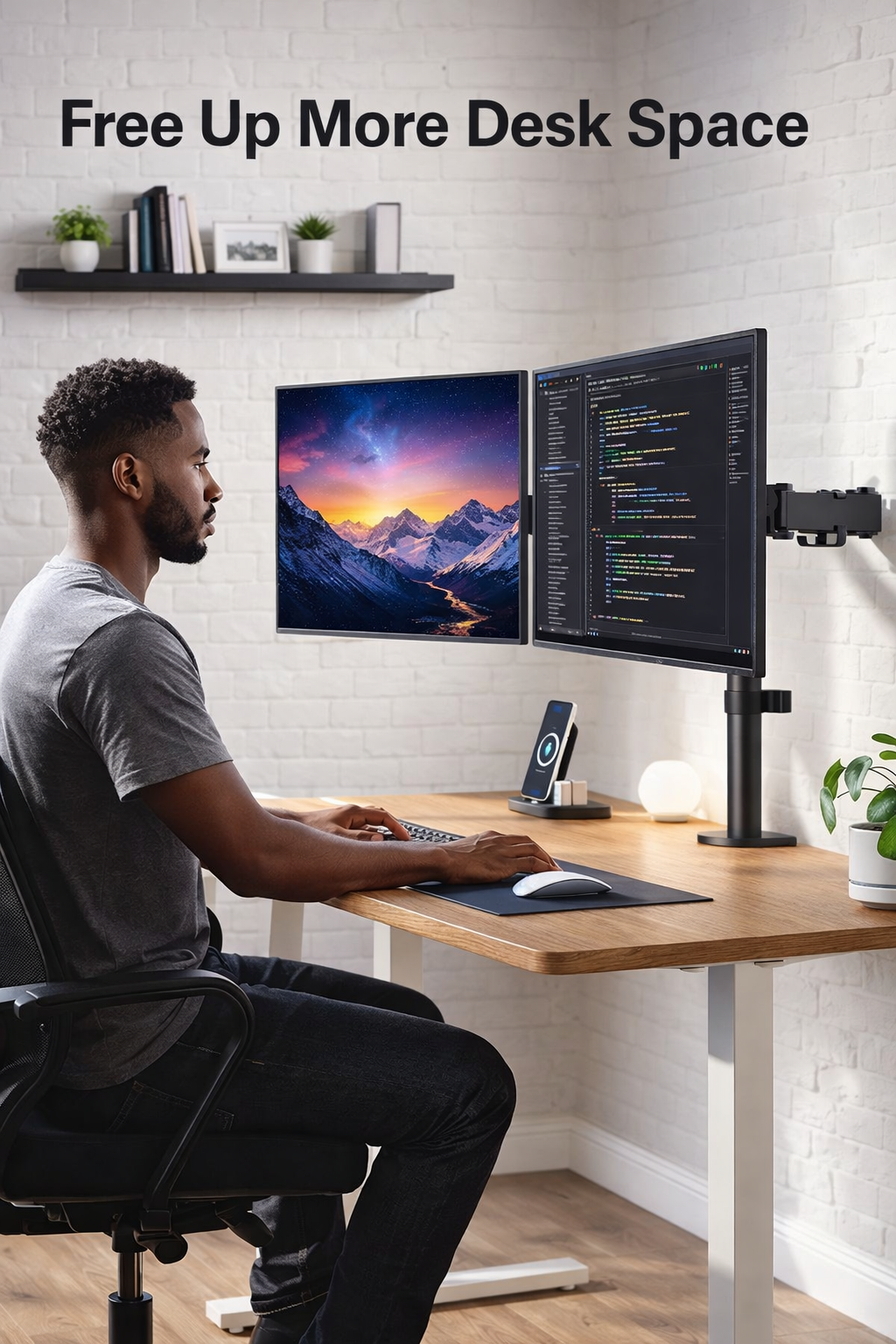 Suport de birou VGSOLID AC24 pentru două monitoare – 17″–32″, VESA 75×75/100×100, 0–9 kg, Înclinare ±45°, Rotire 360°