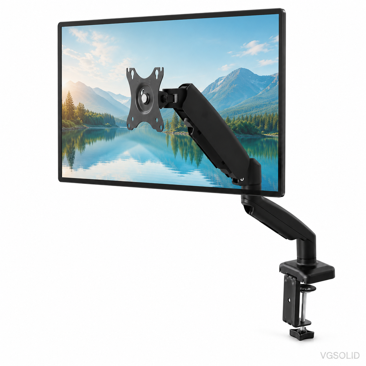Braț monitor cu un singur arc pneumatic VGSOLID, pentru ecrane de 17–32″, VESA 75×75 / 100×100, înclinare ±45° și rotație 360° – Negru