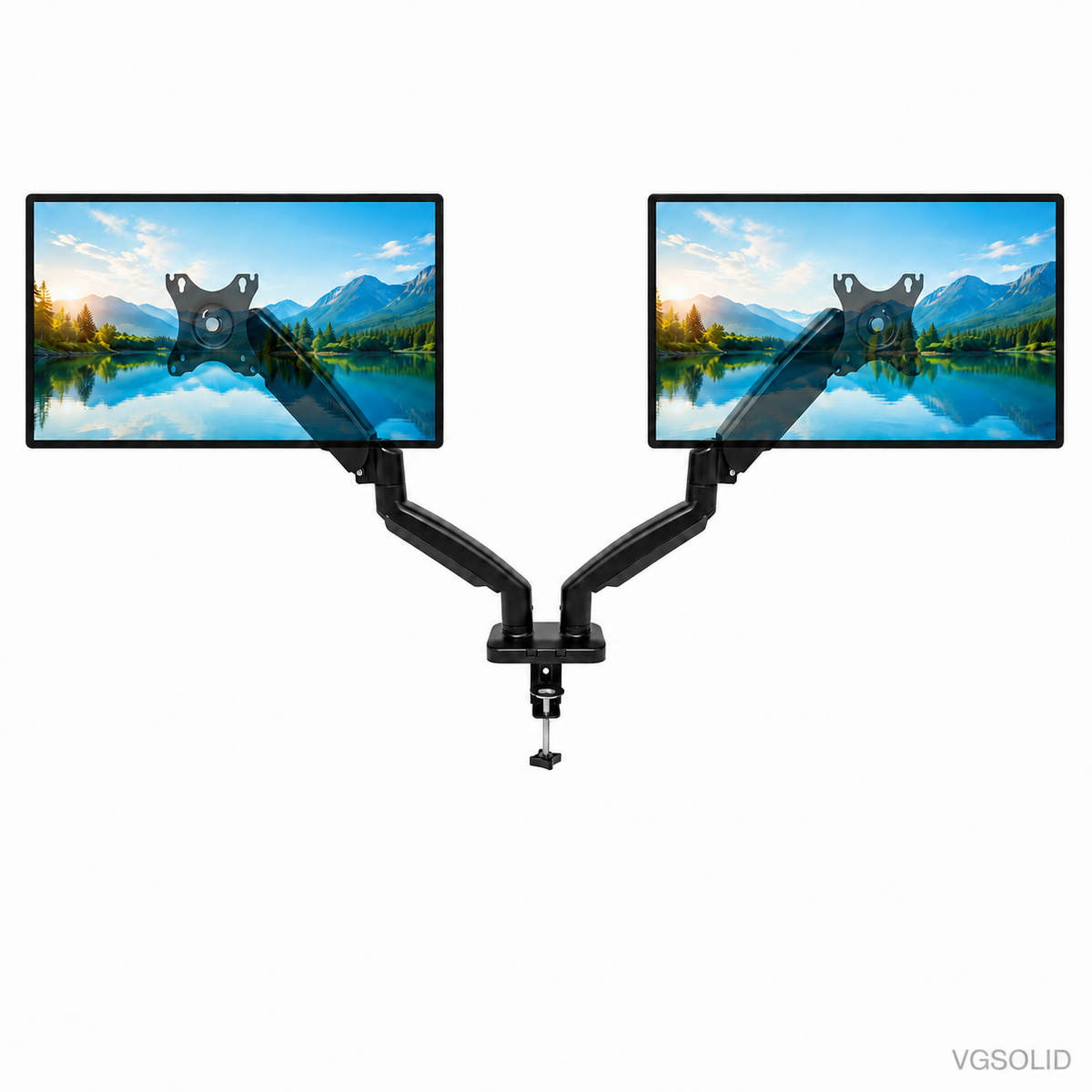 Suport de birou cu montare duală VGSOLID GC24 cu brațe cu arc de gaz, pentru ecrane de 17–32″, VESA 75×75 / 100×100, înclinare de 45° și rotație de 360° – Negru