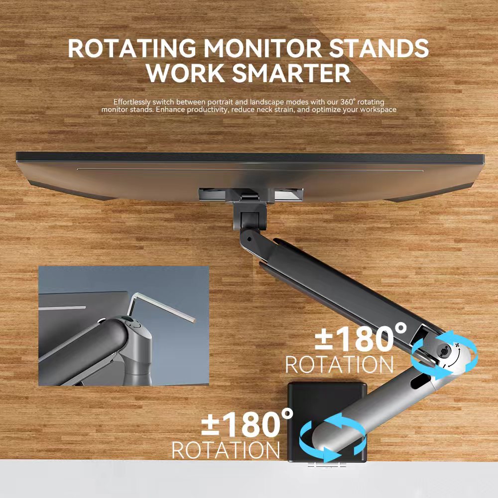 Braț monitor cu un singur arc pneumatic VGSOLID, pentru ecrane de 17–32″, VESA 75×75 / 100×100, înclinare ±45° și rotație 360° – Negru