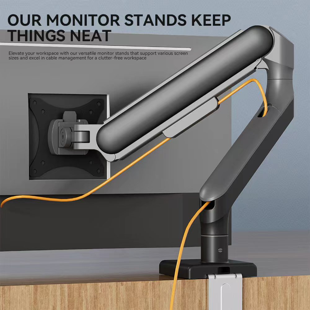 Braț monitor cu un singur arc pneumatic VGSOLID, pentru ecrane de 17–32″, VESA 75×75 / 100×100, înclinare ±45° și rotație 360° – Negru