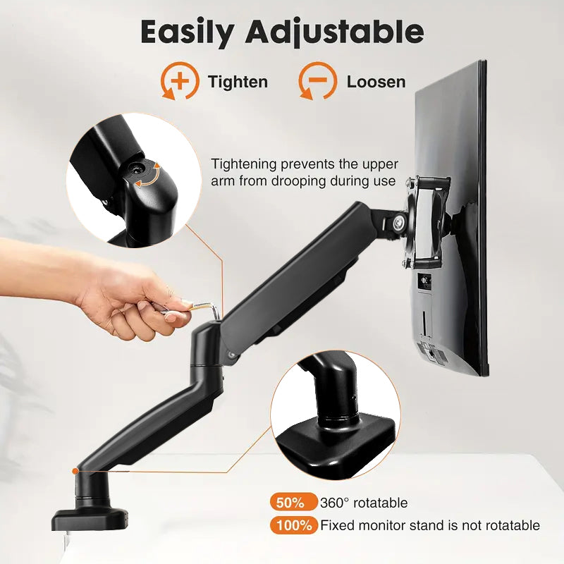 Braț monitor cu un singur arc pneumatic VGSOLID, pentru ecrane de 17–32″, VESA 75×75 / 100×100, înclinare ±45° și rotație 360° – Negru