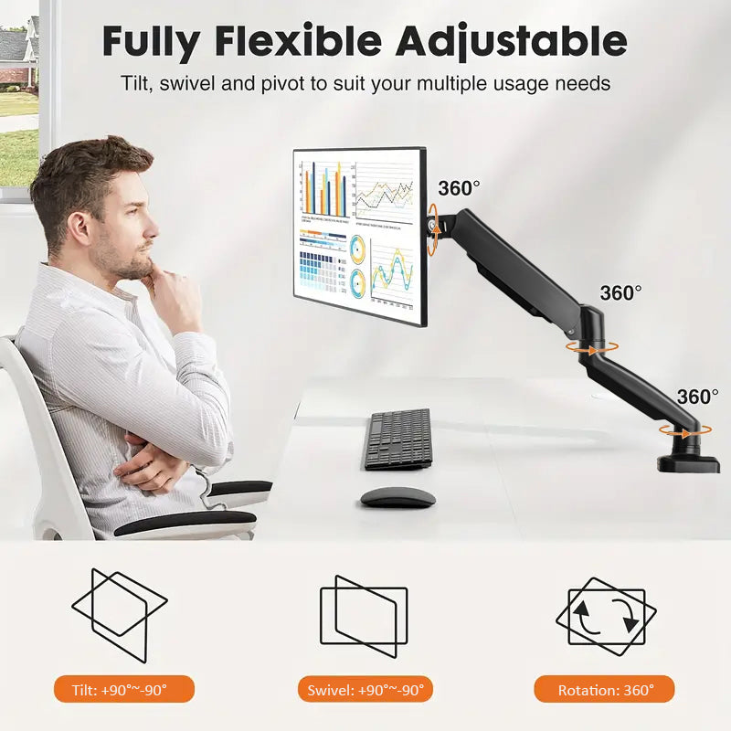 Braț pentru monitor VGSOLID GC45 Premium cu arc pe gaz – montaj ajustabil pe birou de 27"–45", VESA 75x75/100x100, 2–17 kg, înclinare ±45°, rotație 360°