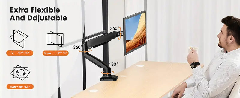 Braț monitor cu un singur arc pneumatic VGSOLID, pentru ecrane de 17–32″, VESA 75×75 / 100×100, înclinare ±45° și rotație 360° – Negru