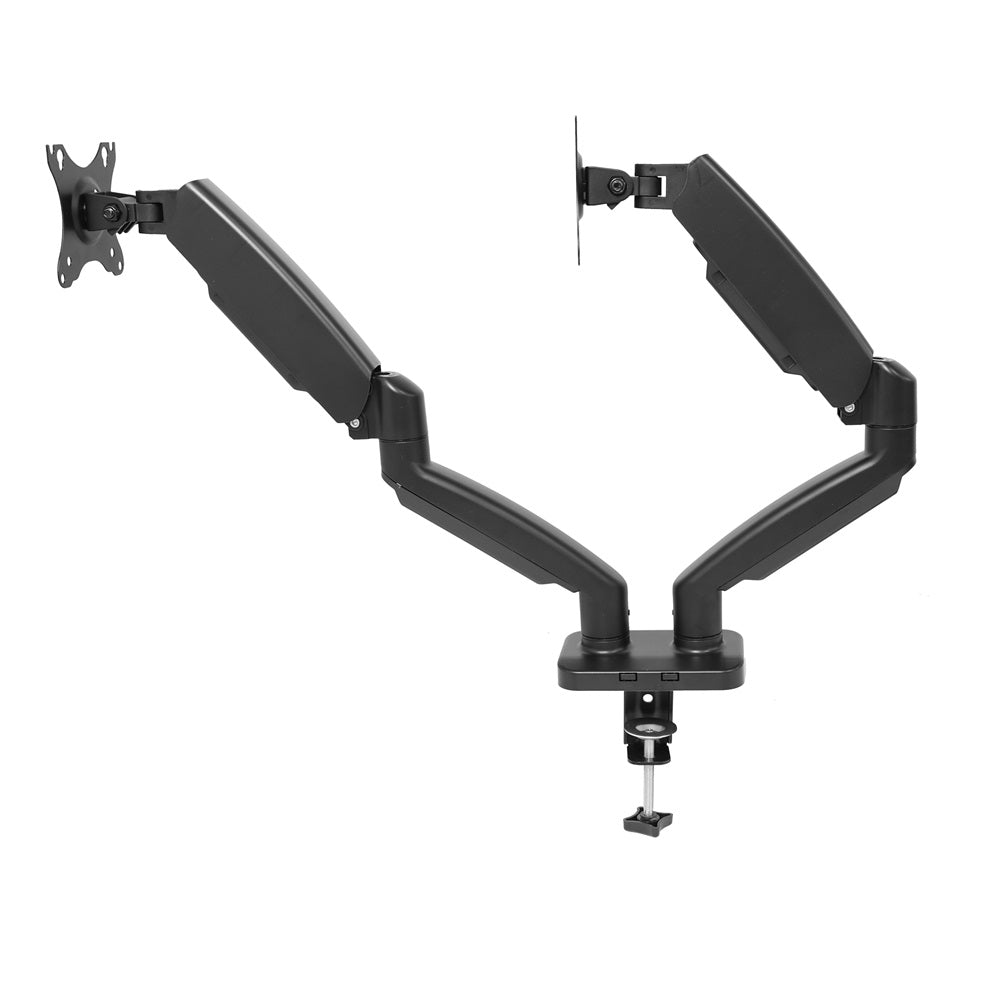 Suport de birou cu montare duală VGSOLID GC24 cu brațe cu arc de gaz, pentru ecrane de 17–32″, VESA 75×75 / 100×100, înclinare de 45° și rotație de 360° – Negru
