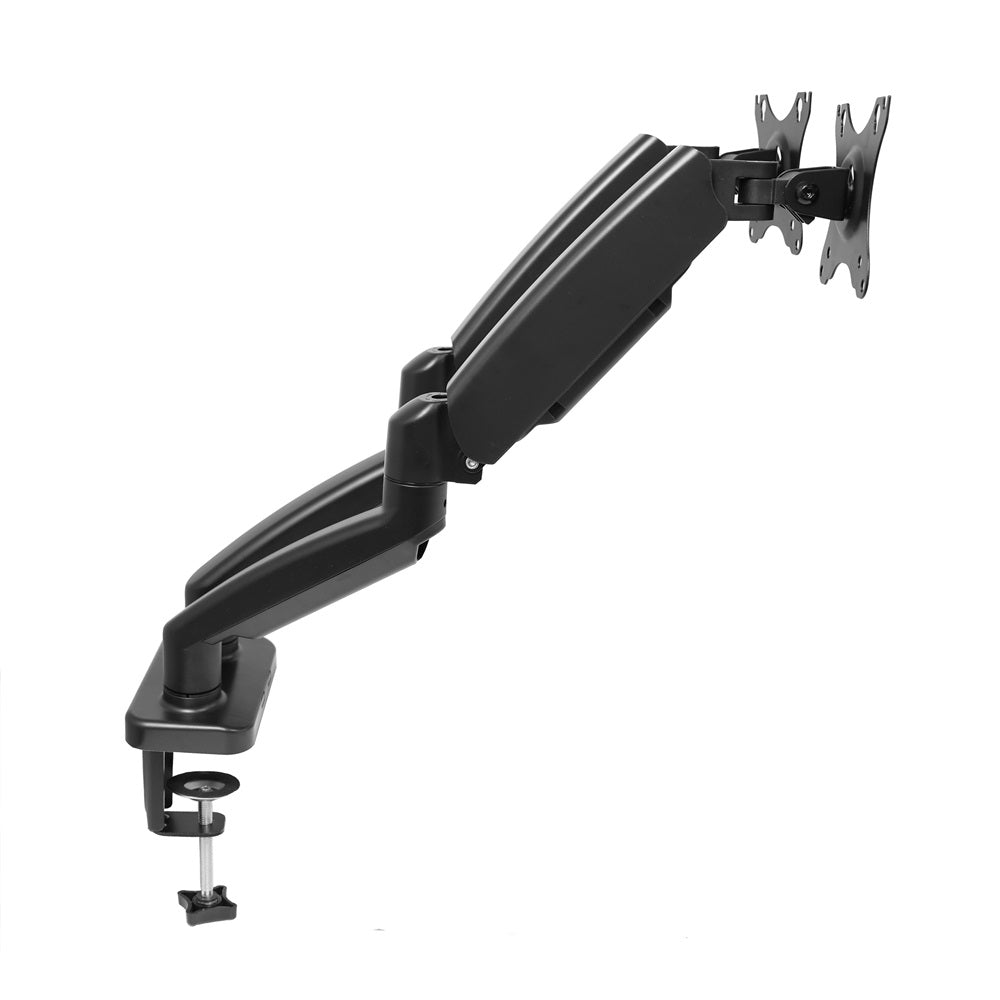 Suport de birou cu montare duală VGSOLID GC24 cu brațe cu arc de gaz, pentru ecrane de 17–32″, VESA 75×75 / 100×100, înclinare de 45° și rotație de 360° – Negru