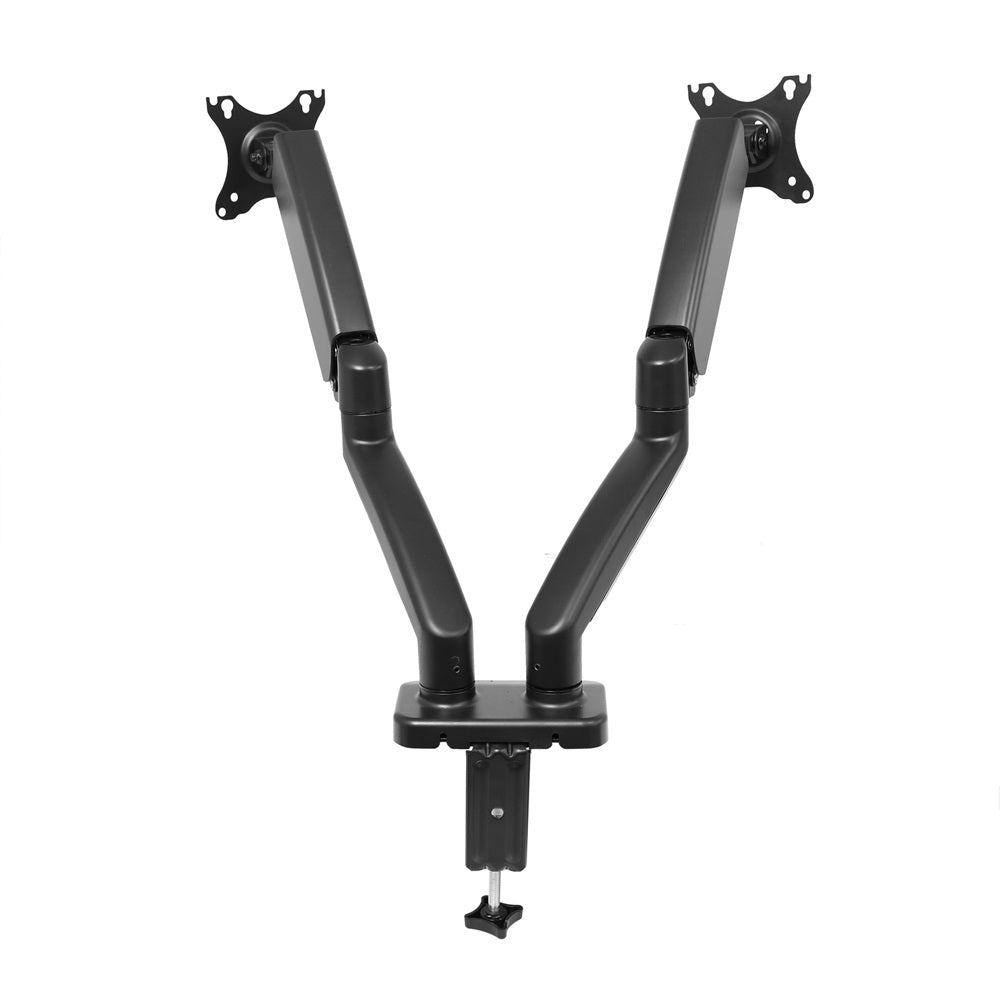Suport de birou cu montare duală VGSOLID GC24 cu brațe cu arc de gaz, pentru ecrane de 17–32″, VESA 75×75 / 100×100, înclinare de 45° și rotație de 360° – Negru