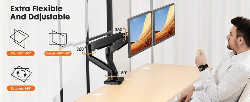 Suport de birou cu montare duală VGSOLID GC24 cu brațe cu arc de gaz, pentru ecrane de 17–32″, VESA 75×75 / 100×100, înclinare de 45° și rotație de 360° – Negru