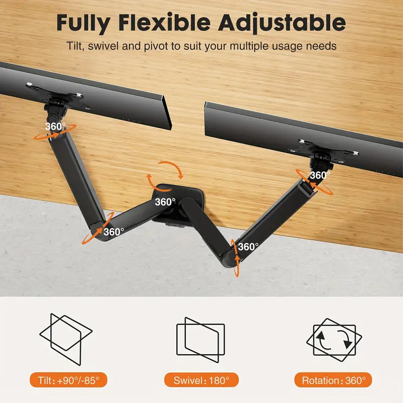 Suport de birou cu montare duală VGSOLID GC24 cu brațe cu arc de gaz, pentru ecrane de 17–32″, VESA 75×75 / 100×100, înclinare de 45° și rotație de 360° – Negru