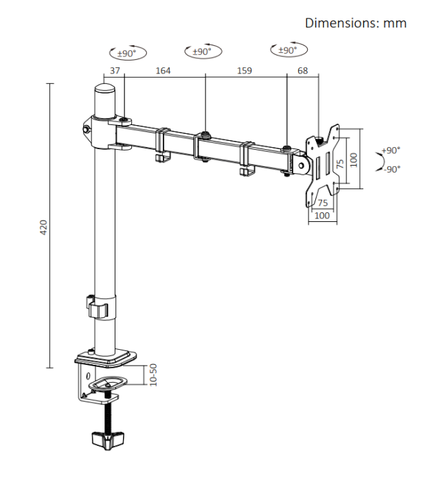 Suport monitor reglabil VGSOLID AC12 – Suportă ecrane de 17–32″, VESA 75×75 / 100×100, capacitate 0–9 kg, înclinare ±45°, rotație 360° – Montare pe birou, Negru